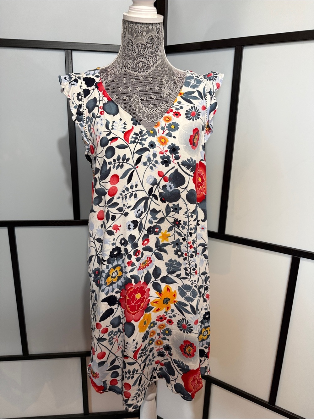 LOFT White Midi Dress with Red, Yellow & Navy Floral Design